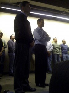 Photo of Steve Barnhart Taking the news standing by Jeff Clarke, CEO of Travelport. 